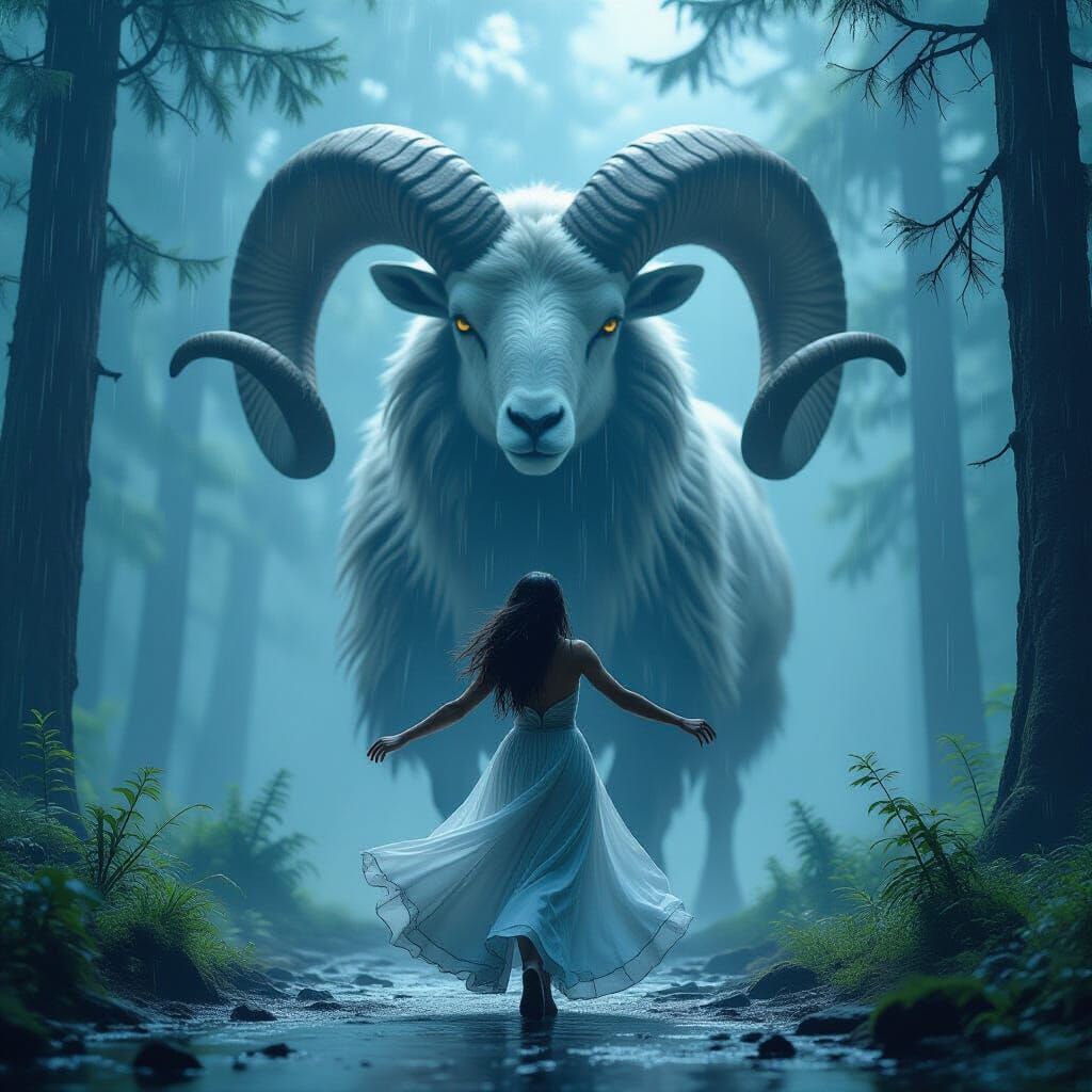 Woman Dances Before Giant Ram in Crystal Forest