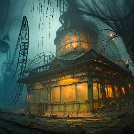 Eerie Abandoned Amusement Park in Eldritch Shadows