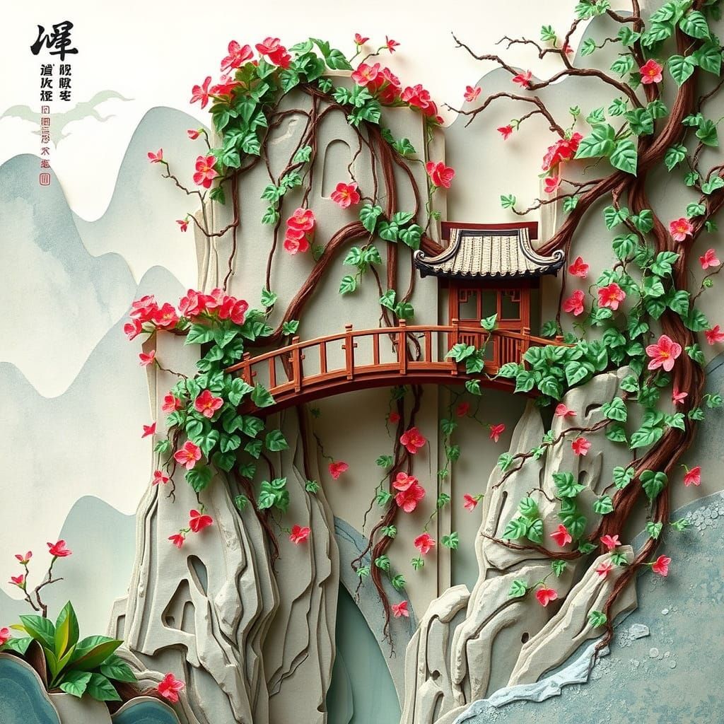 Chinese-Fantasy Landscape in Kirigami-Paper-Art Style