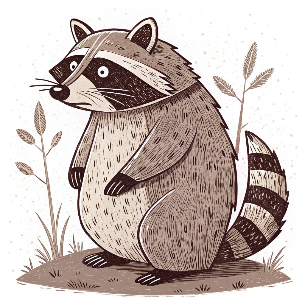 Fat Raccoon in Vintage Woodcut Style