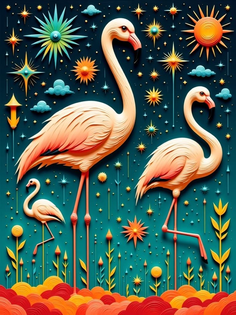 Vibrant Geometric Digital Art with Flamingos in Futuristic L...