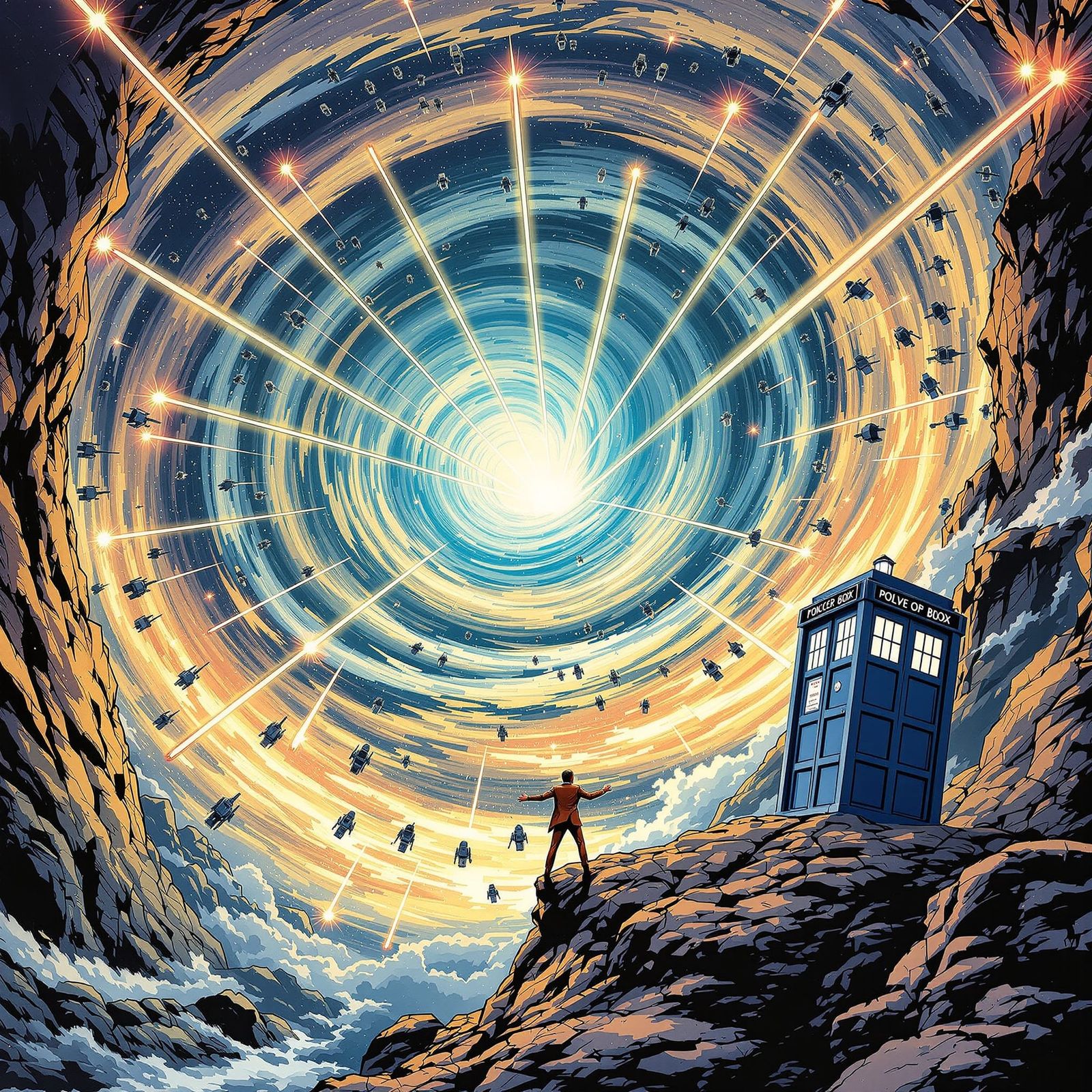 Time Lord Defends Against Daleks in Comic Book Style