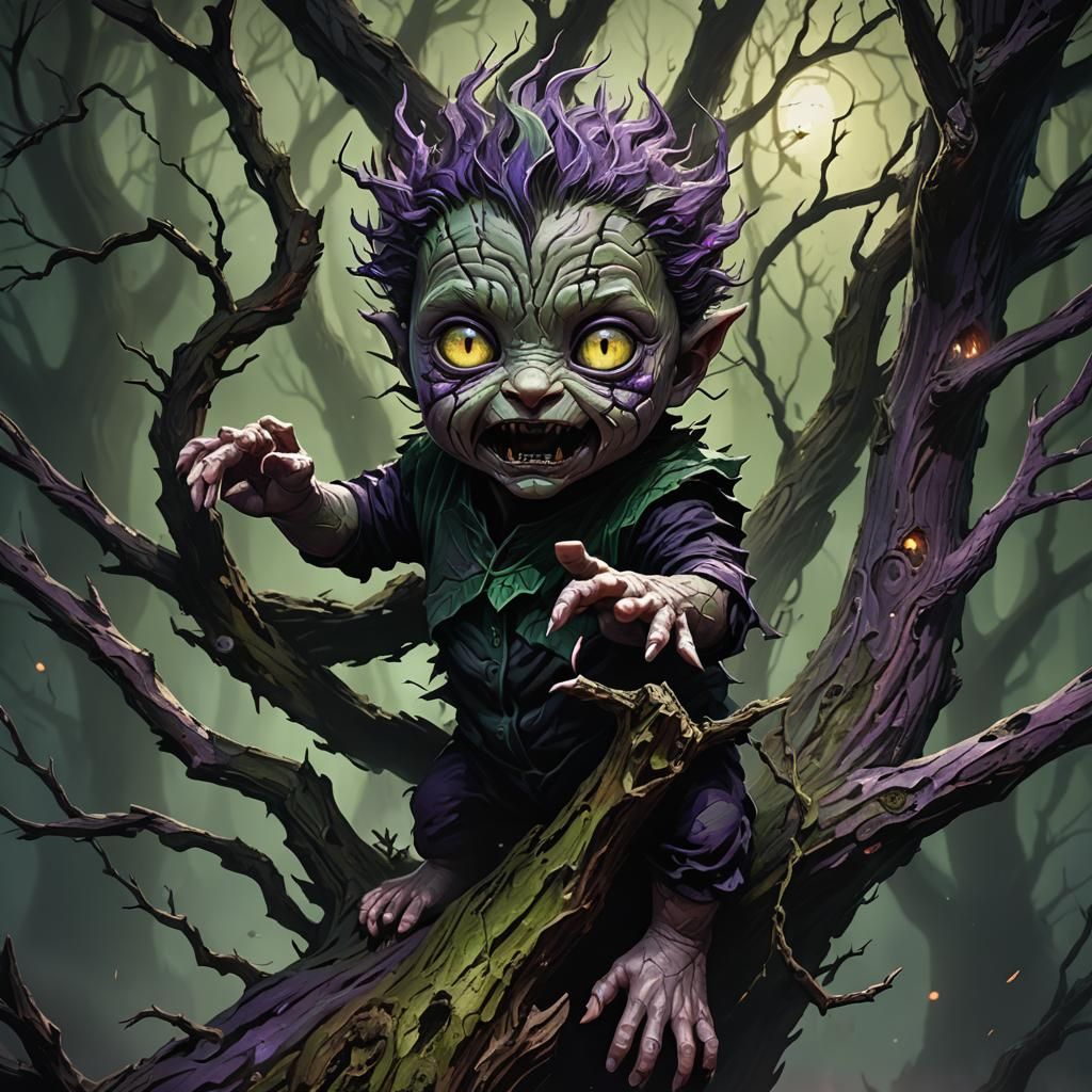 Terrifying Feline Infant Swinging in Dark Fantasy Art