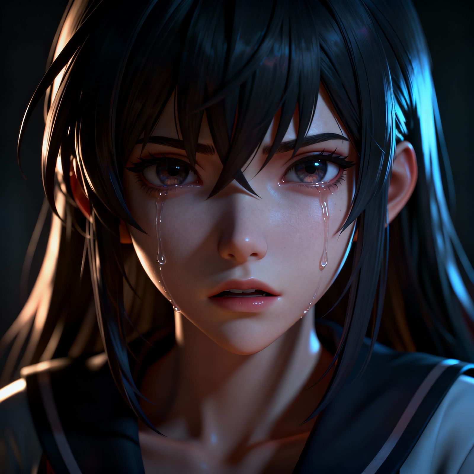 Anime Girl with Tearful Eyes in Dramatic 3D Style