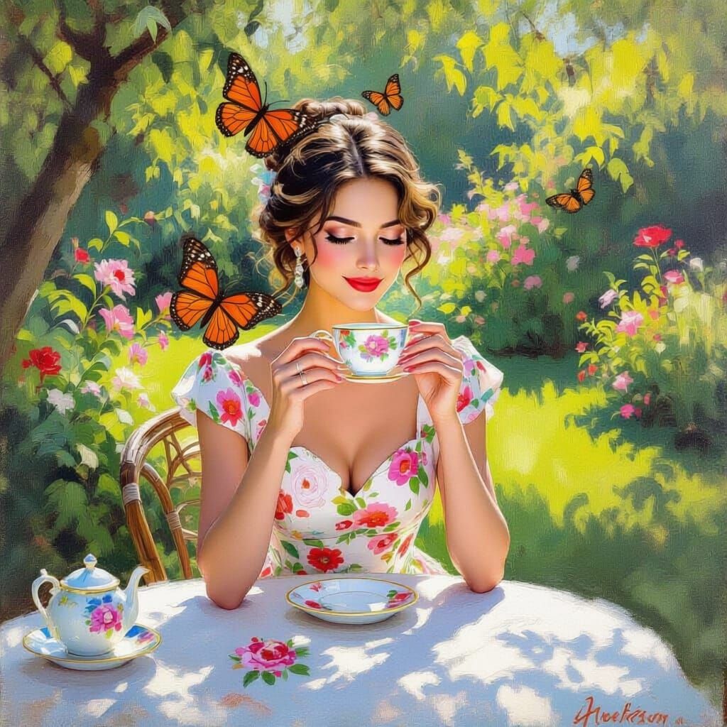 British Lady Enjoys Tea in a Serene Garden