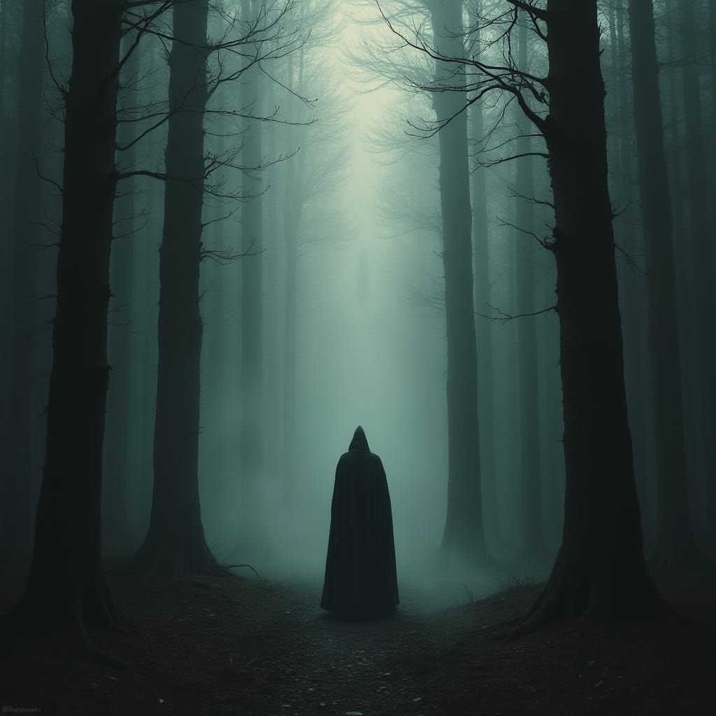 Mysterious Figure in Dark Forest Enshrouded by Fog