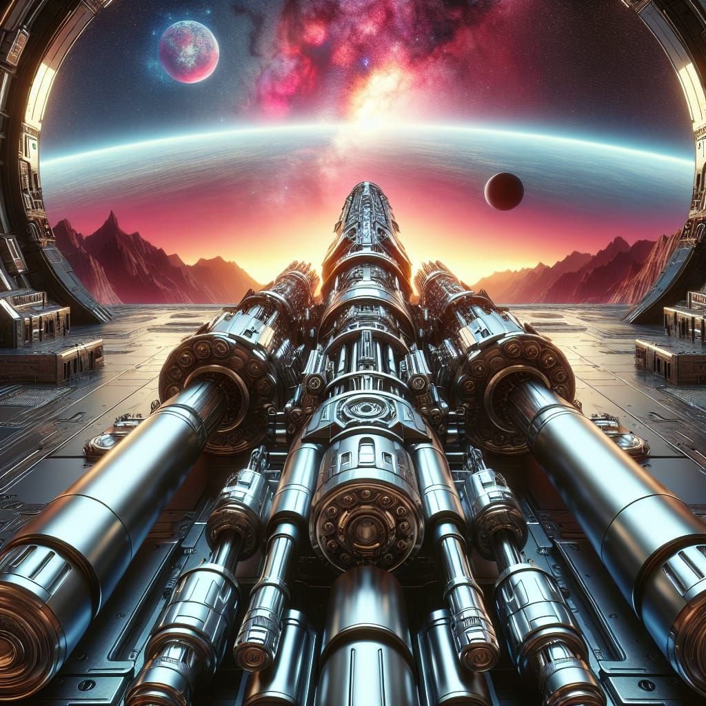 Futuristic Artillery Weapon Aimed at Distant Planet