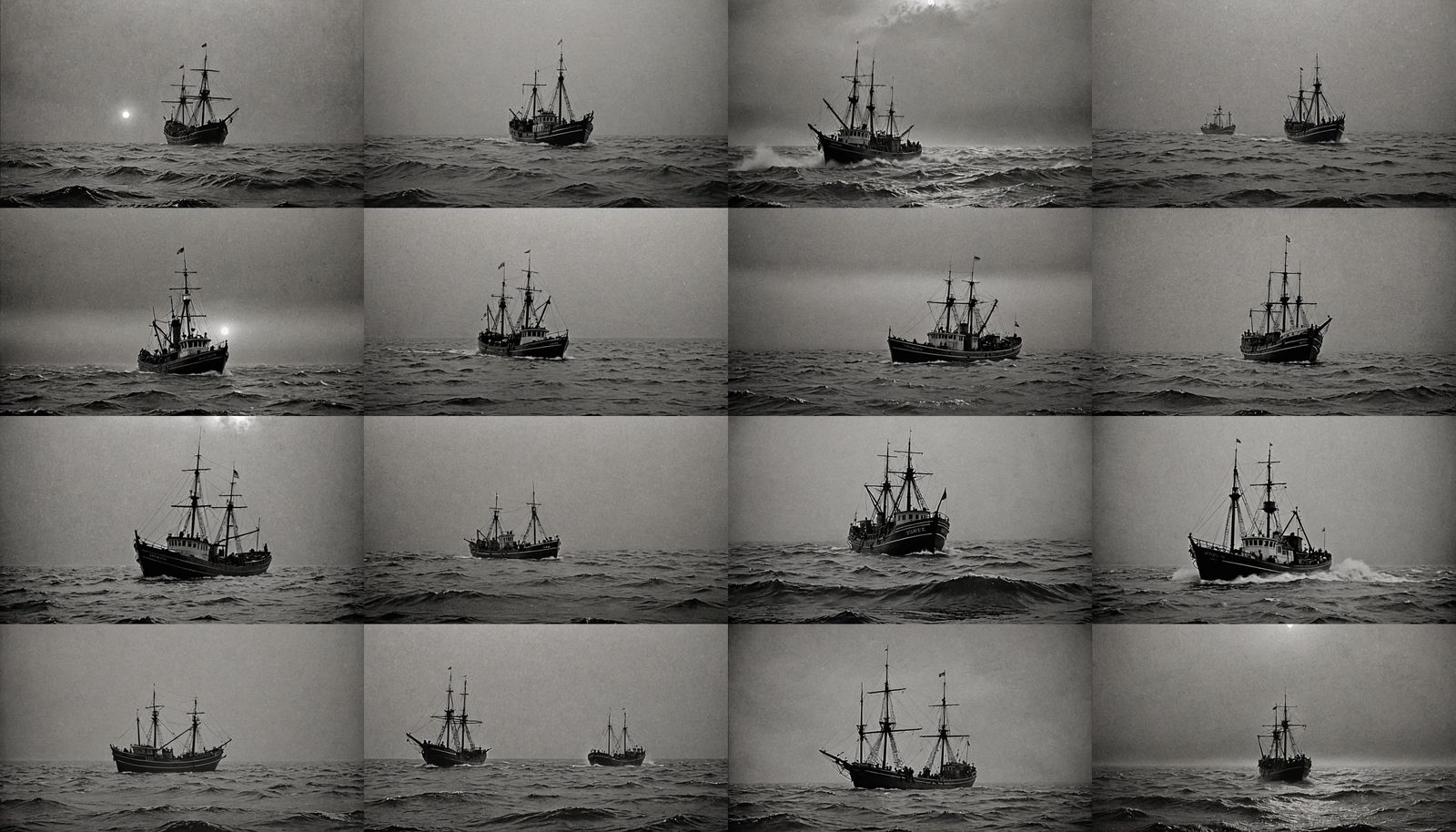 Retro Fishing Boat in Fog, Black and White Movie Style