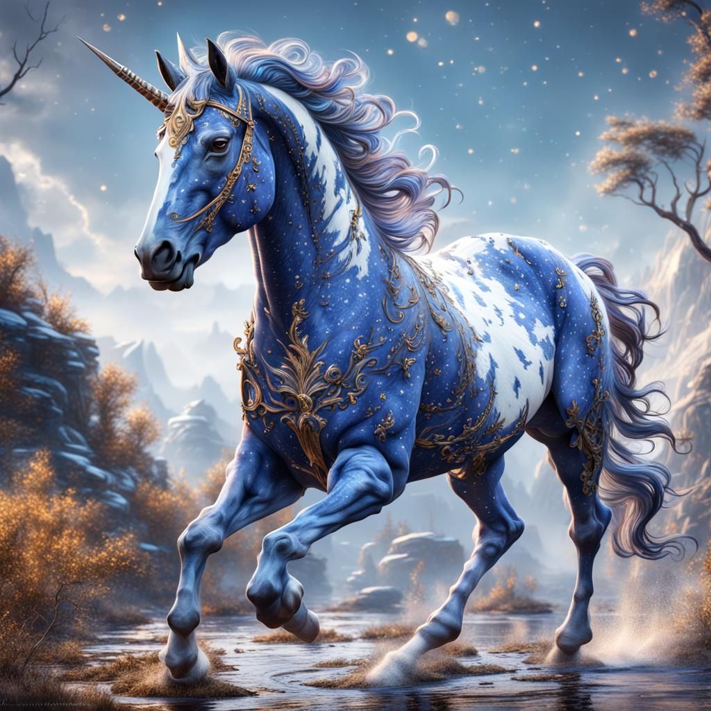 Blue Appaloosa Unicorn in Detailed Fantasy Art