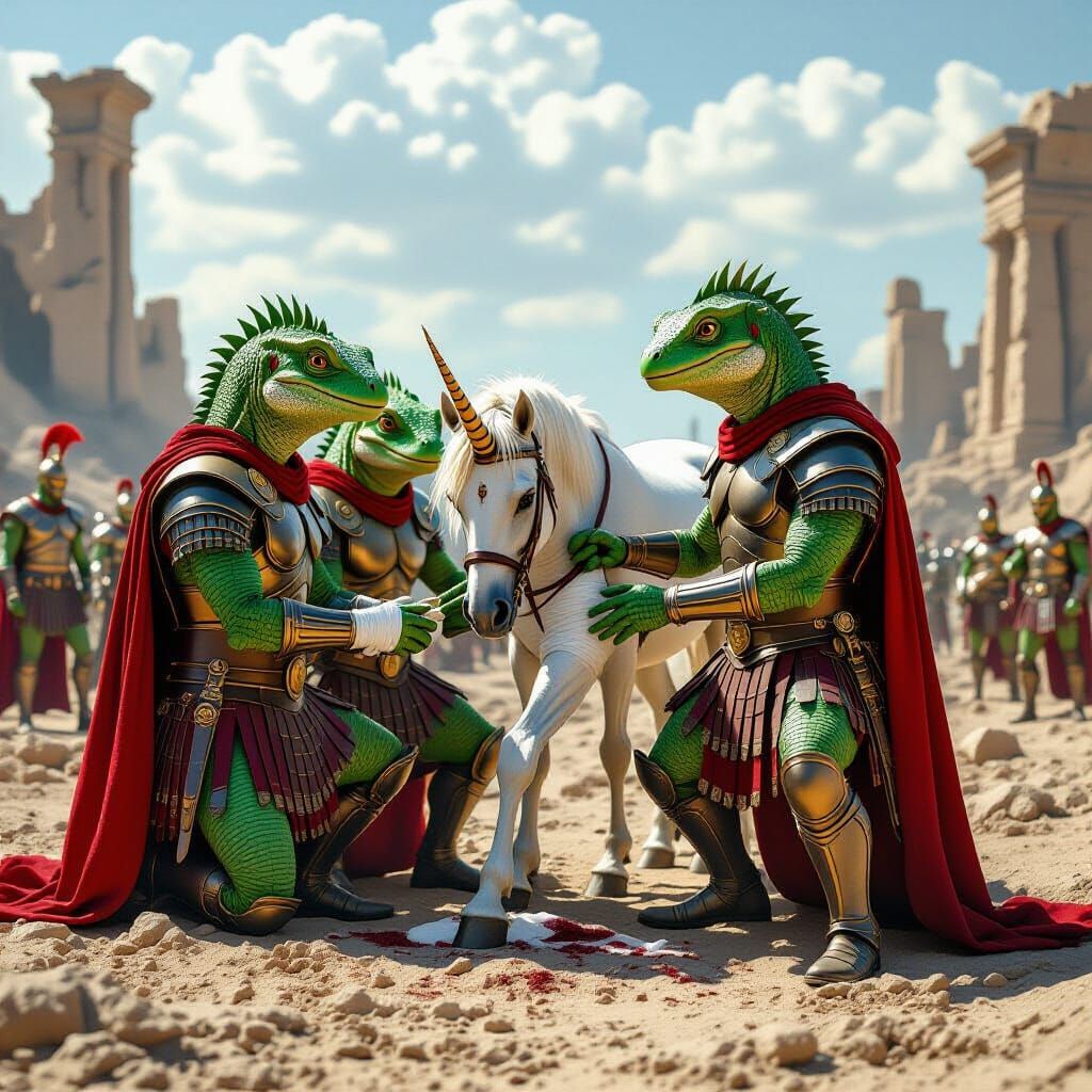 Roman Lizard Legionaries tending a Unicorn