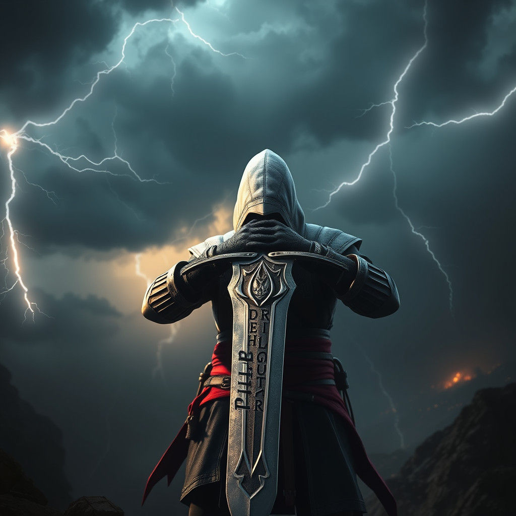 Assassin's Creed Character in Storm, Matte Painting Style