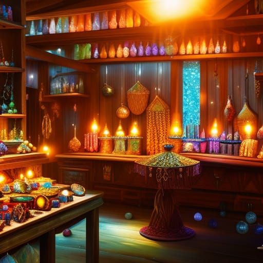 Magical Gemstone Market Stall in Detailed Fantasy Art