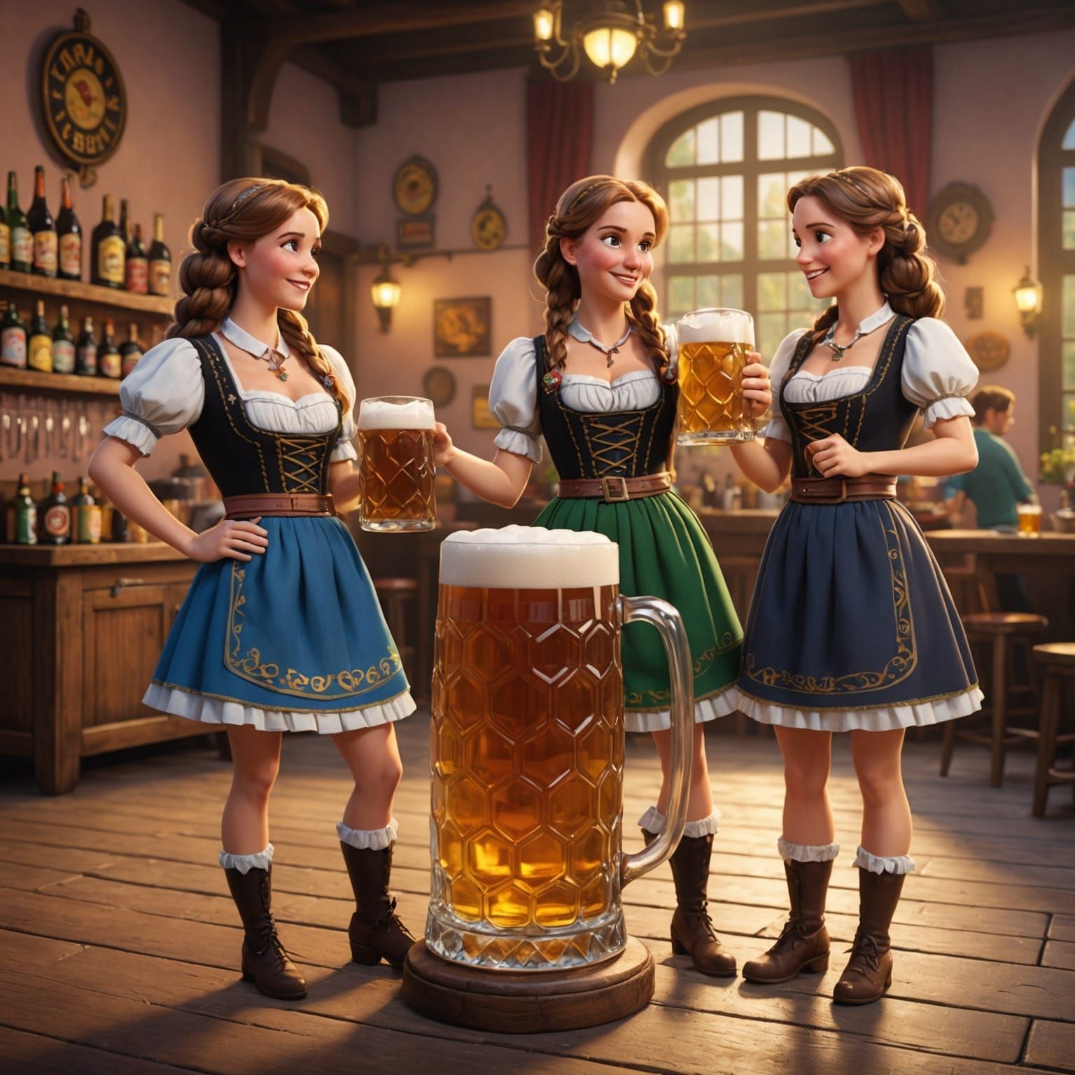Dirndl Maidens Serving Beer: Pixar-Style 3D Art