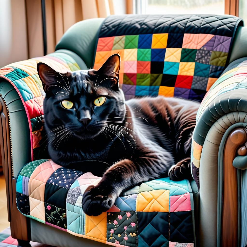 Close-up of a black cat curled up on a patchwork quilt