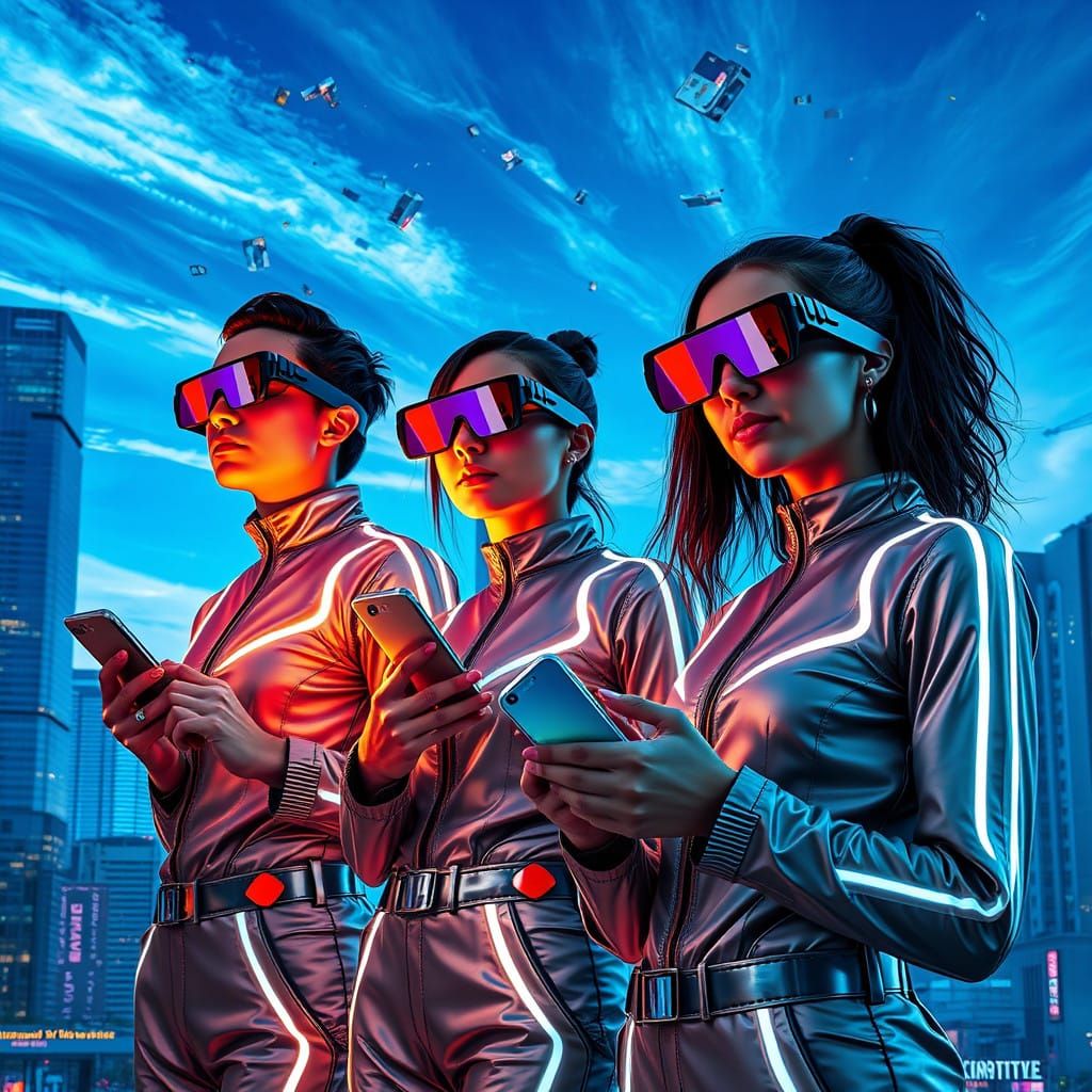 Futuristic Cityscape with Avant-Garde Jumpsuits and Neon Acc...