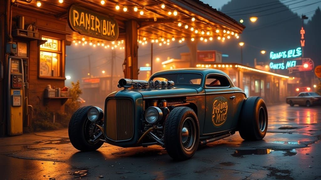 Hyperrealistic Car in Retro Gas Station Setting