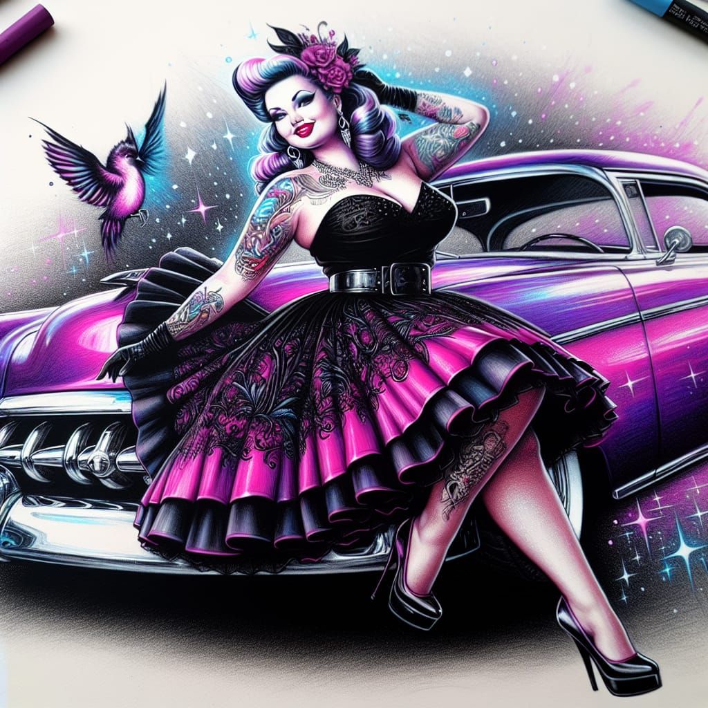 1950s Goth Pin-Up on Purple Car, in Pastel Art Style