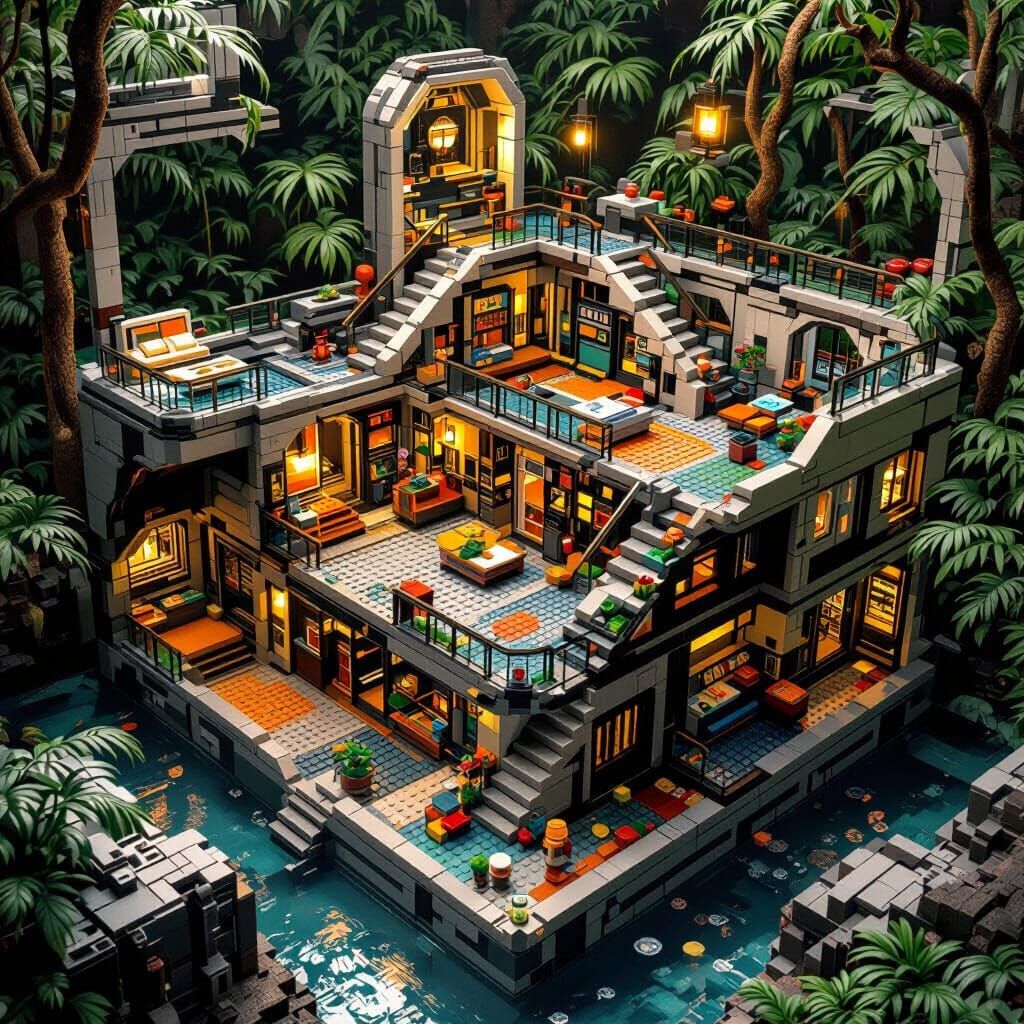 Futuristic Lego Apartment in Bunker Style with Jungle Backgr...
