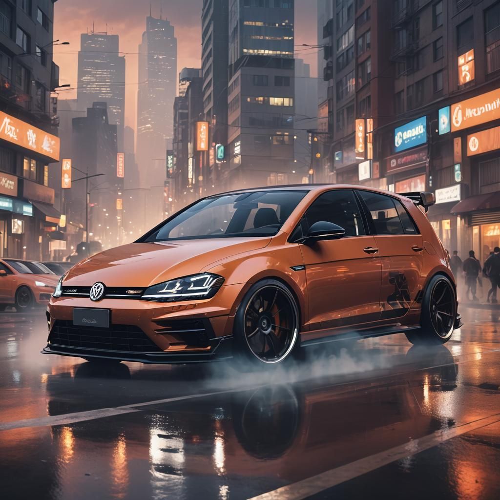 Neon VW Golf 7R in Anime Style