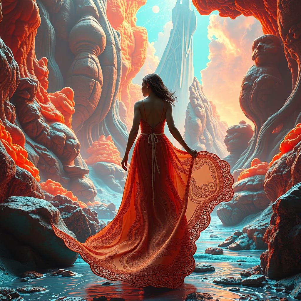 Woman Enters Vibrant Dreamscape in Whimsical Artistic Style