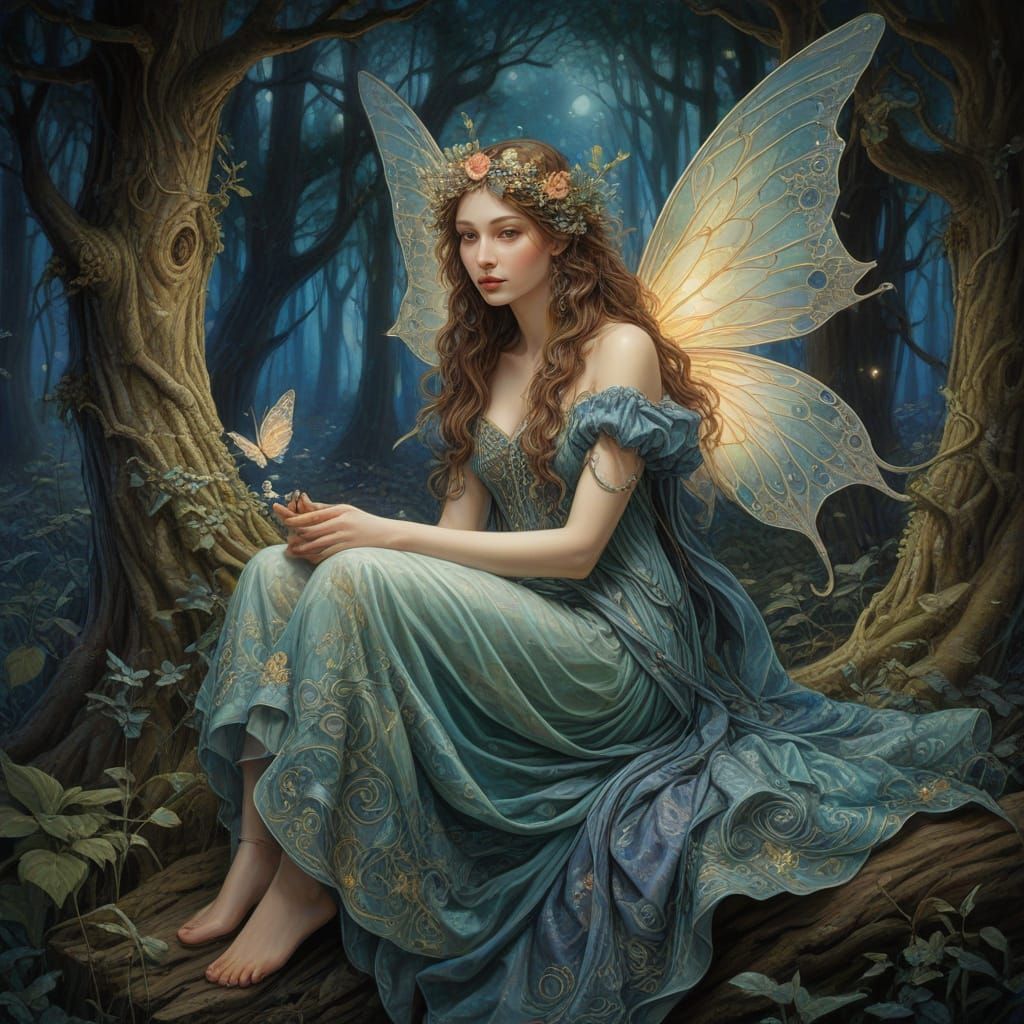 in a bioluminescent forest, a fairy queen is seated under th...