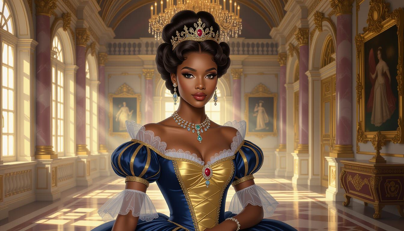 Elegant Dark-Skinned Princess in Luxurious Castle Hall