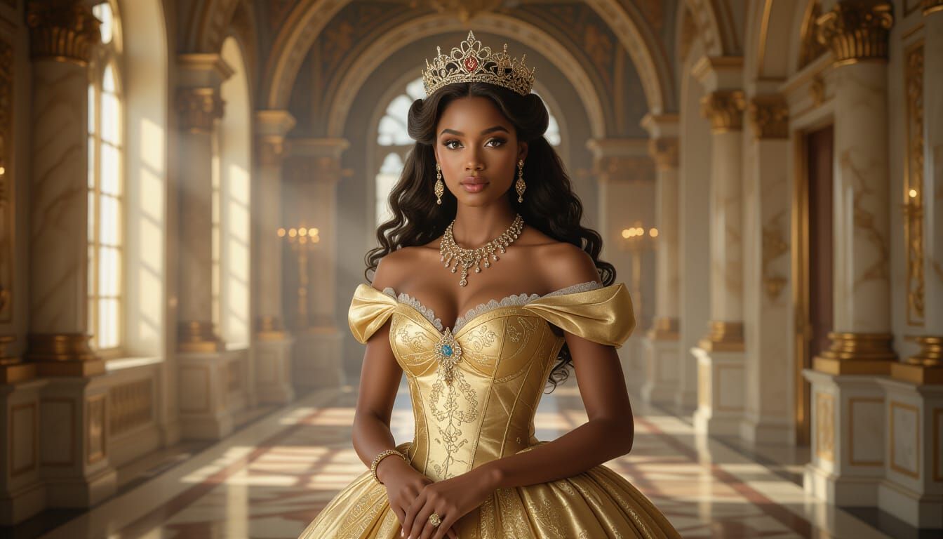 Elegant Dark-Skinned Princess in Luxurious Castle Hall