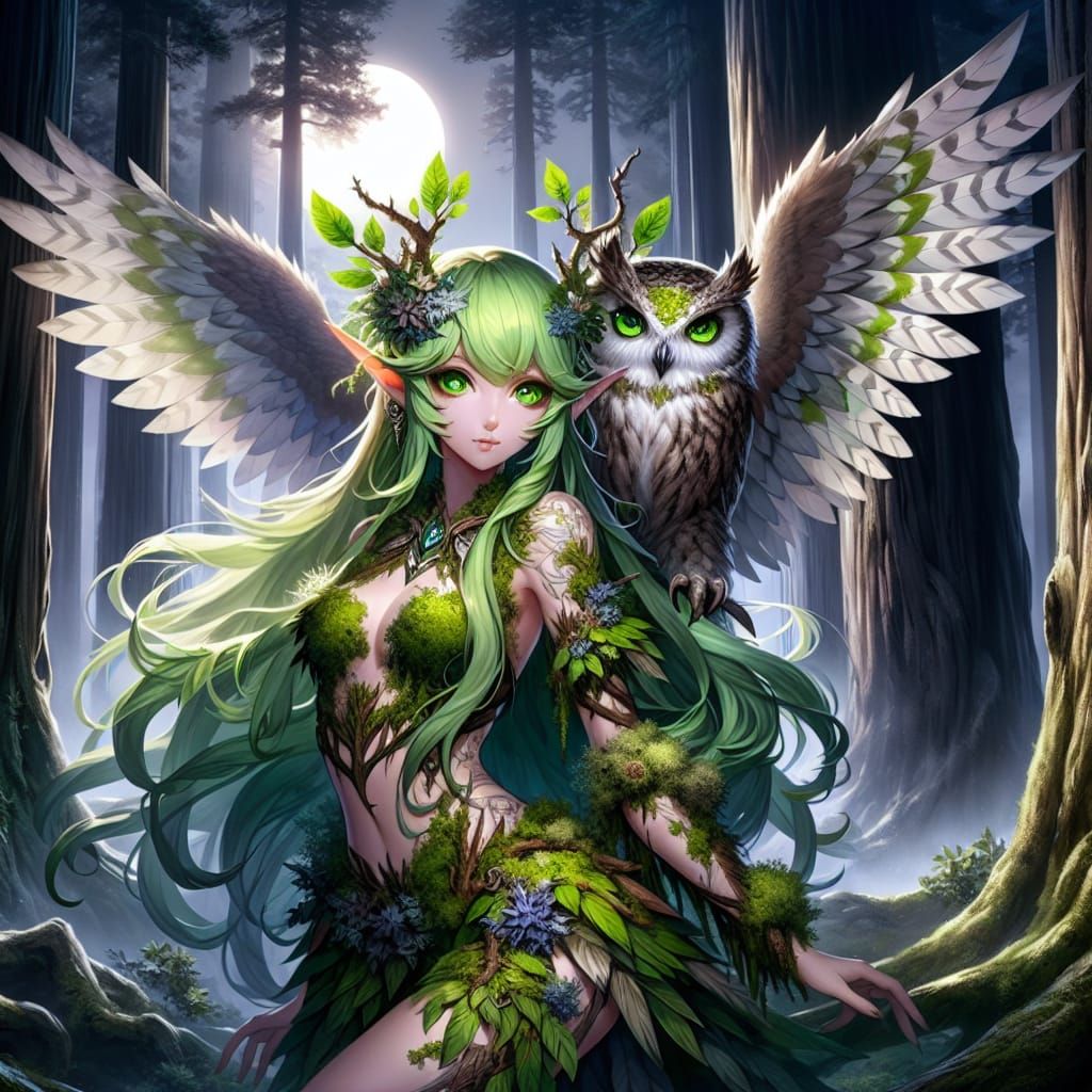 Mystic Anime Dryad with Owl Wings