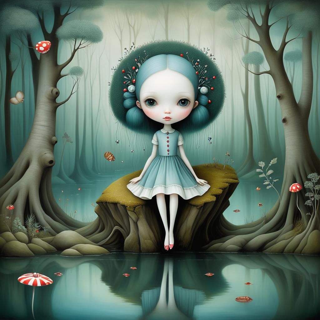 A mesmerizing surrealist painting styles of Nicoletta Ceccoli a girl in forest, river,