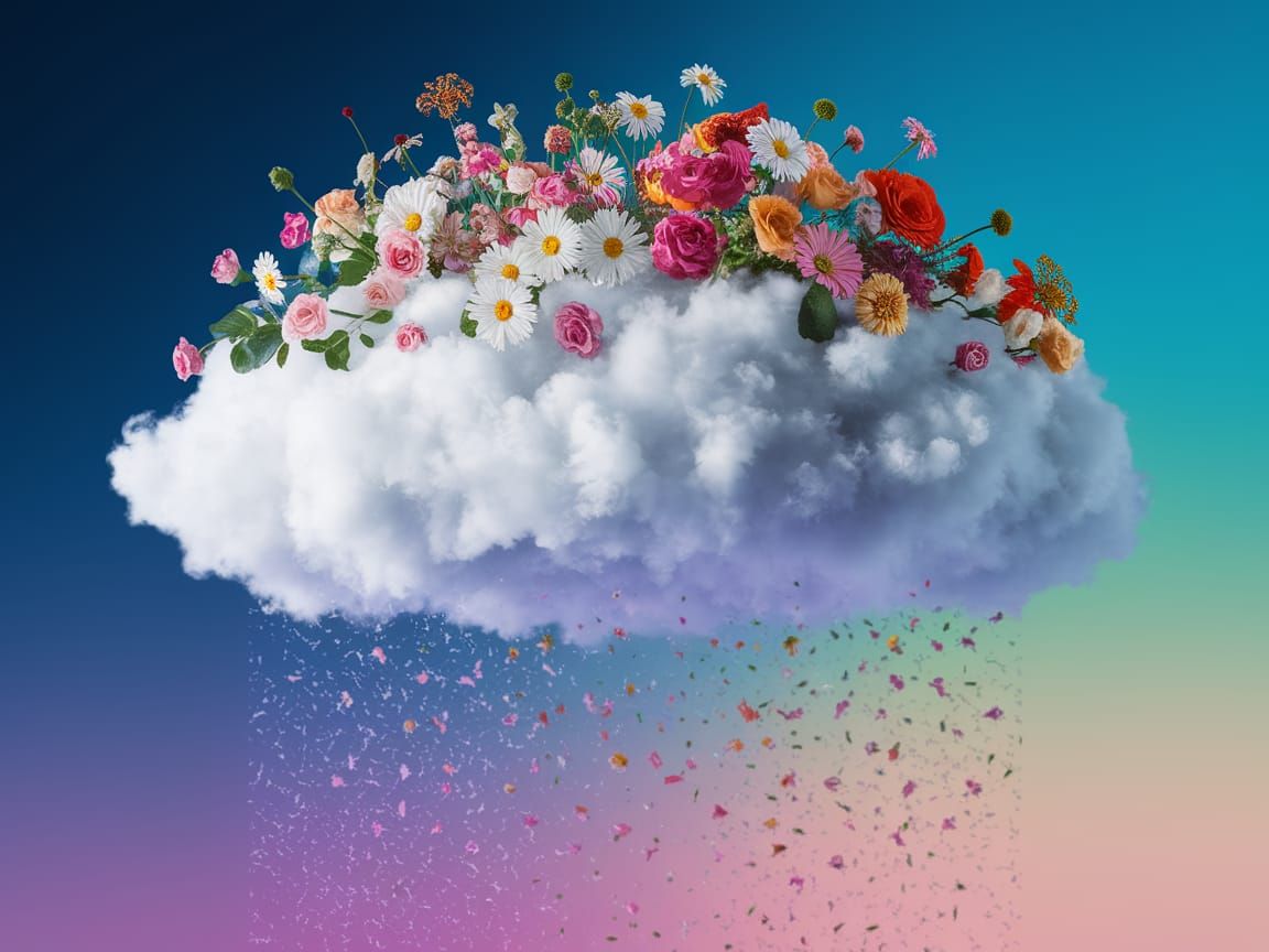 Vibrant Cloudscape with Whimsical Flowers in HD Digital Art