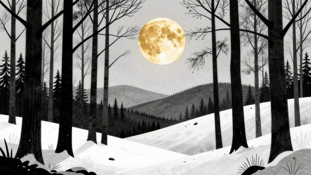 Surreal Winter Forest with Golden Moon