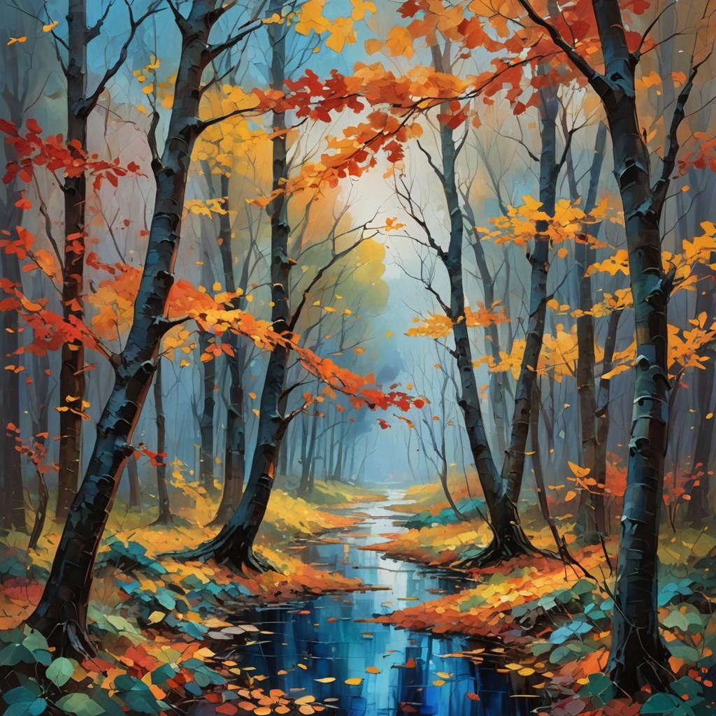 Vibrant Autumn Landscape with Fireflies, Matte Painting