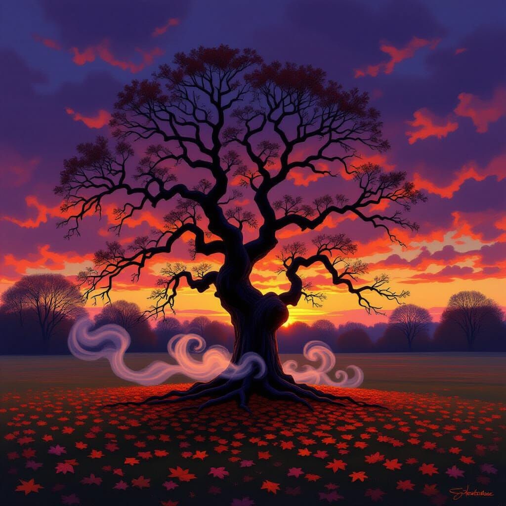 Ancient Autumn Tree in Twilight Mist