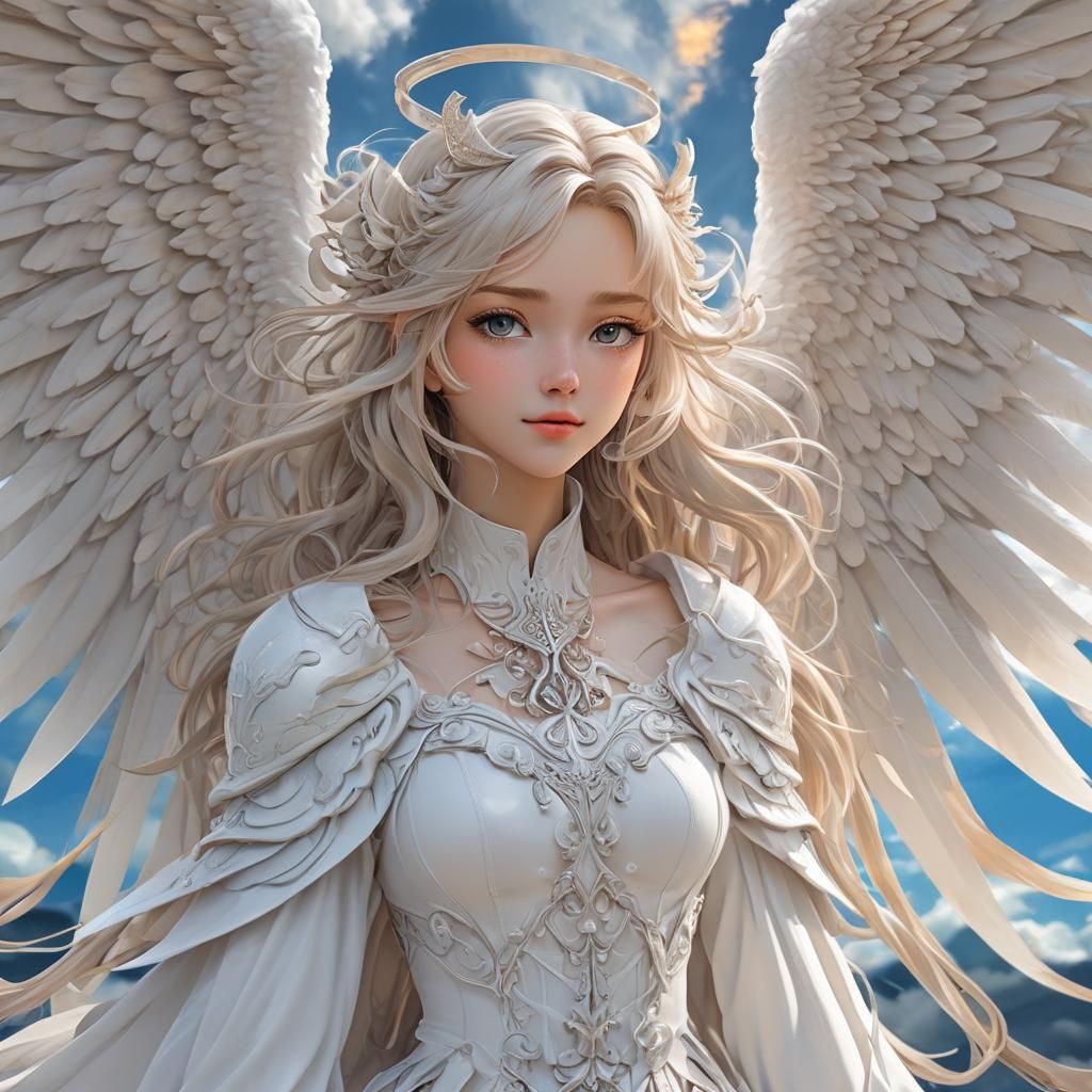 Anime Angel Girl Portrait with Fluffy Clouds