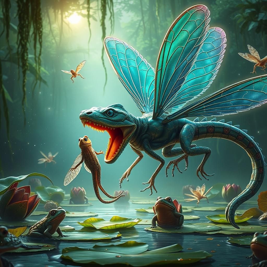 Iridescent Alligator-Dragonfly Hunting in Bioluminescent Swa...