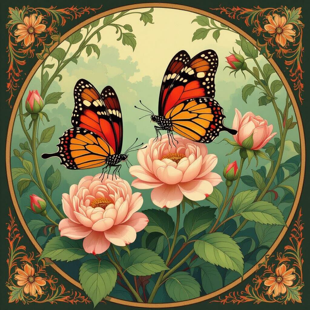 Butterflies on Floral Blooms in Art Nouveau Style