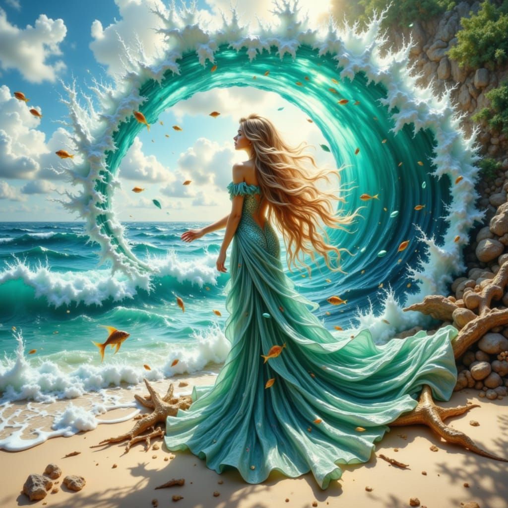 Ethereal Sea Goddess in Flowing Gown