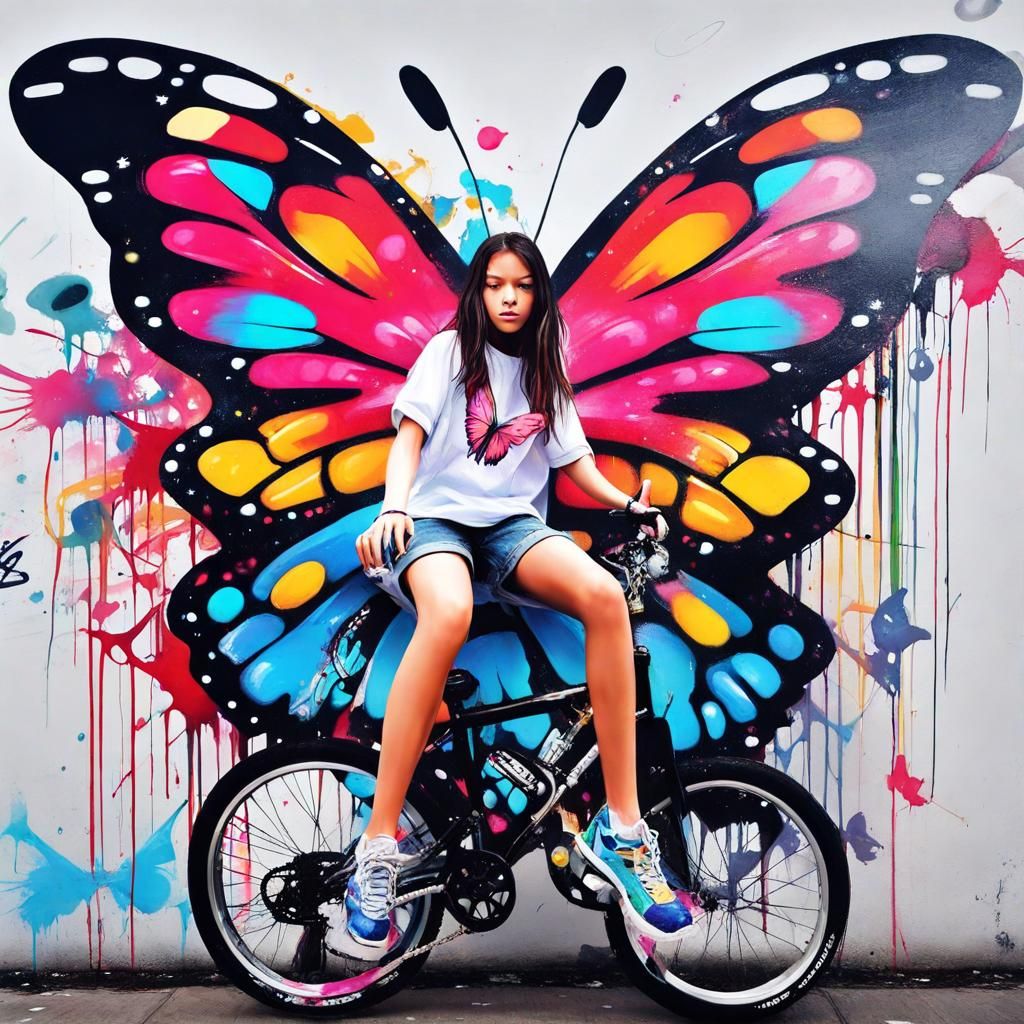 Girl Rides Gigantic Butterfly: Graffiti Street Art