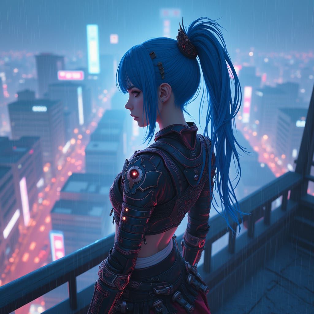 Cyberpunk Samurai Woman on Neon Rooftop, Anime Style