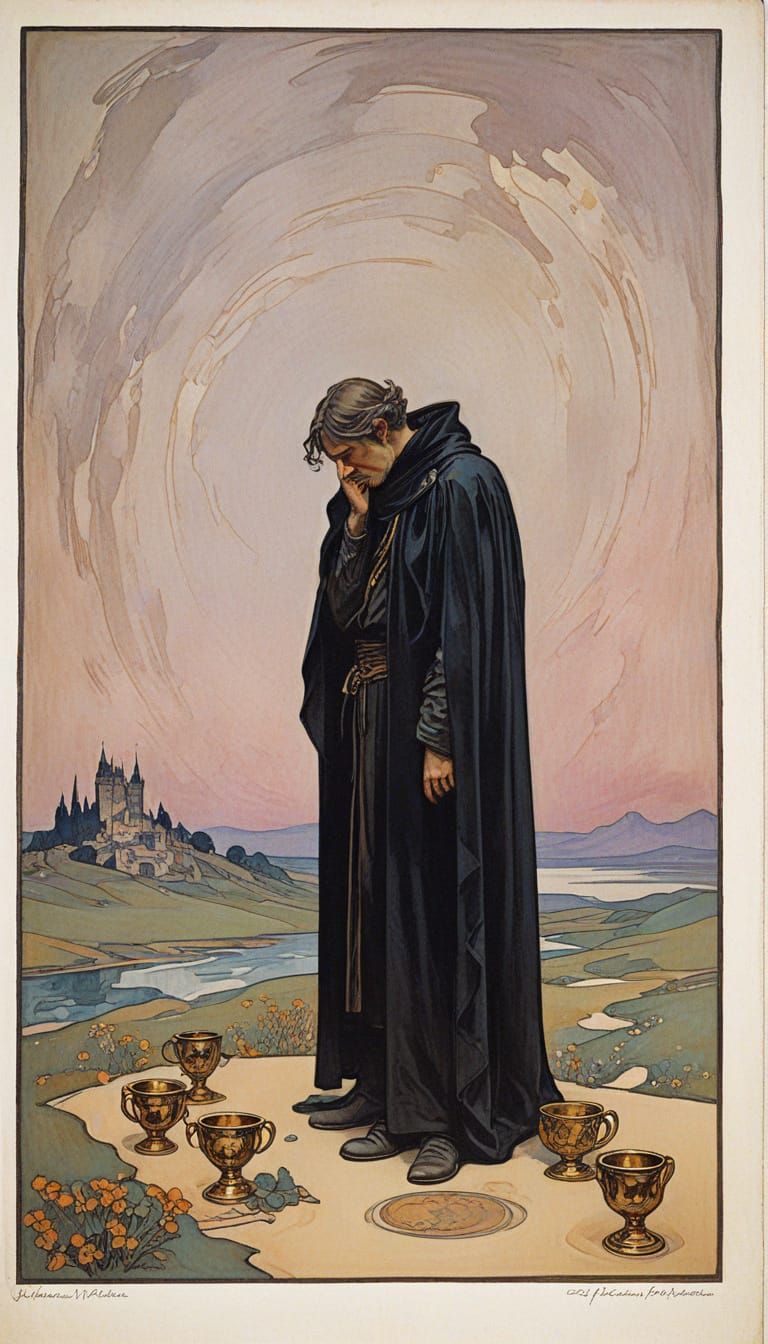 Sorrowful Figure Contemplates Loss in a Dreamlike Landscape