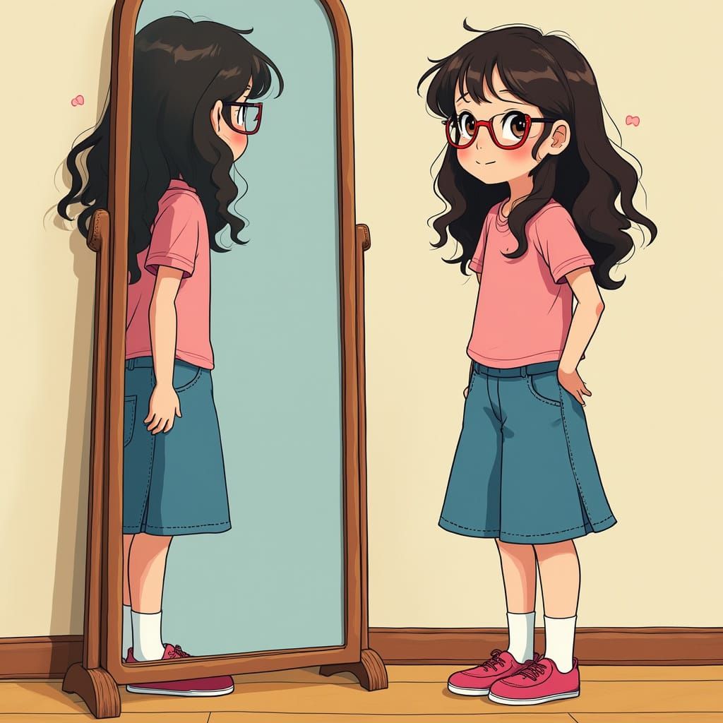 Confident Girl Admiring Herself, Murakami Style