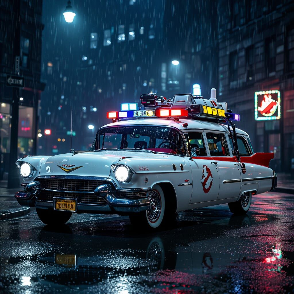 Ecto-1A Ghostbusters II Car on Rainy NYC Street