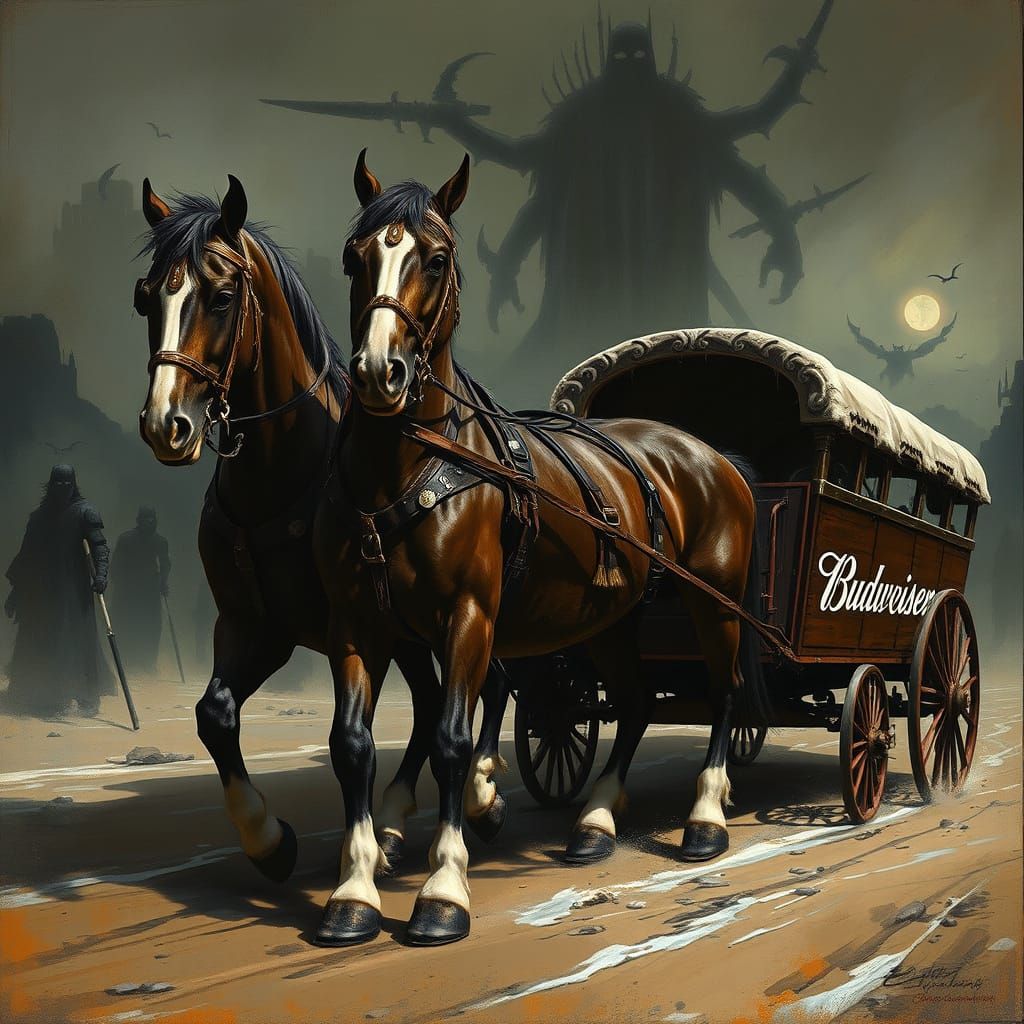 Clydesdale Horses Pulling Budweiser Wagon in Gothic Style