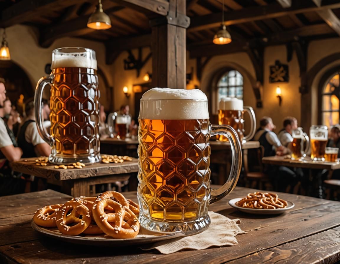 Oktoberfest Beer Mugs and Pretzels in a Tavern
