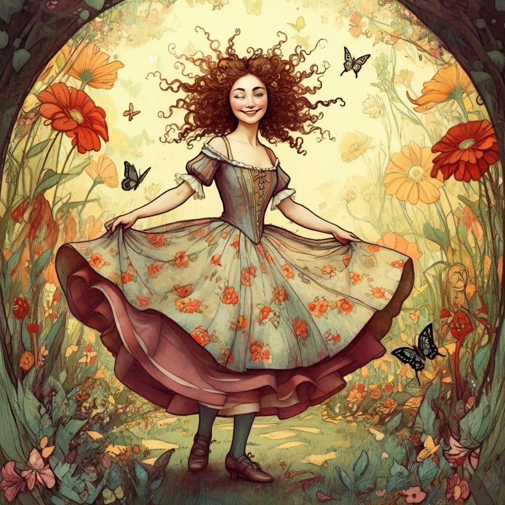 Whimsical Woman Dancing in a Fantastical Garden