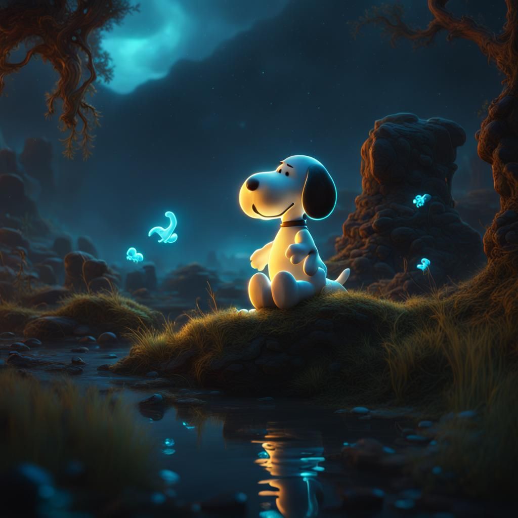 Bioluminescent Snoopy: Detailed Fantasy Concept Art