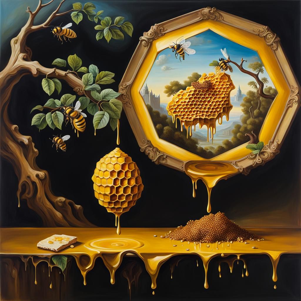 Surreal Beehive with Dripping Honey, Salvador Dali Style