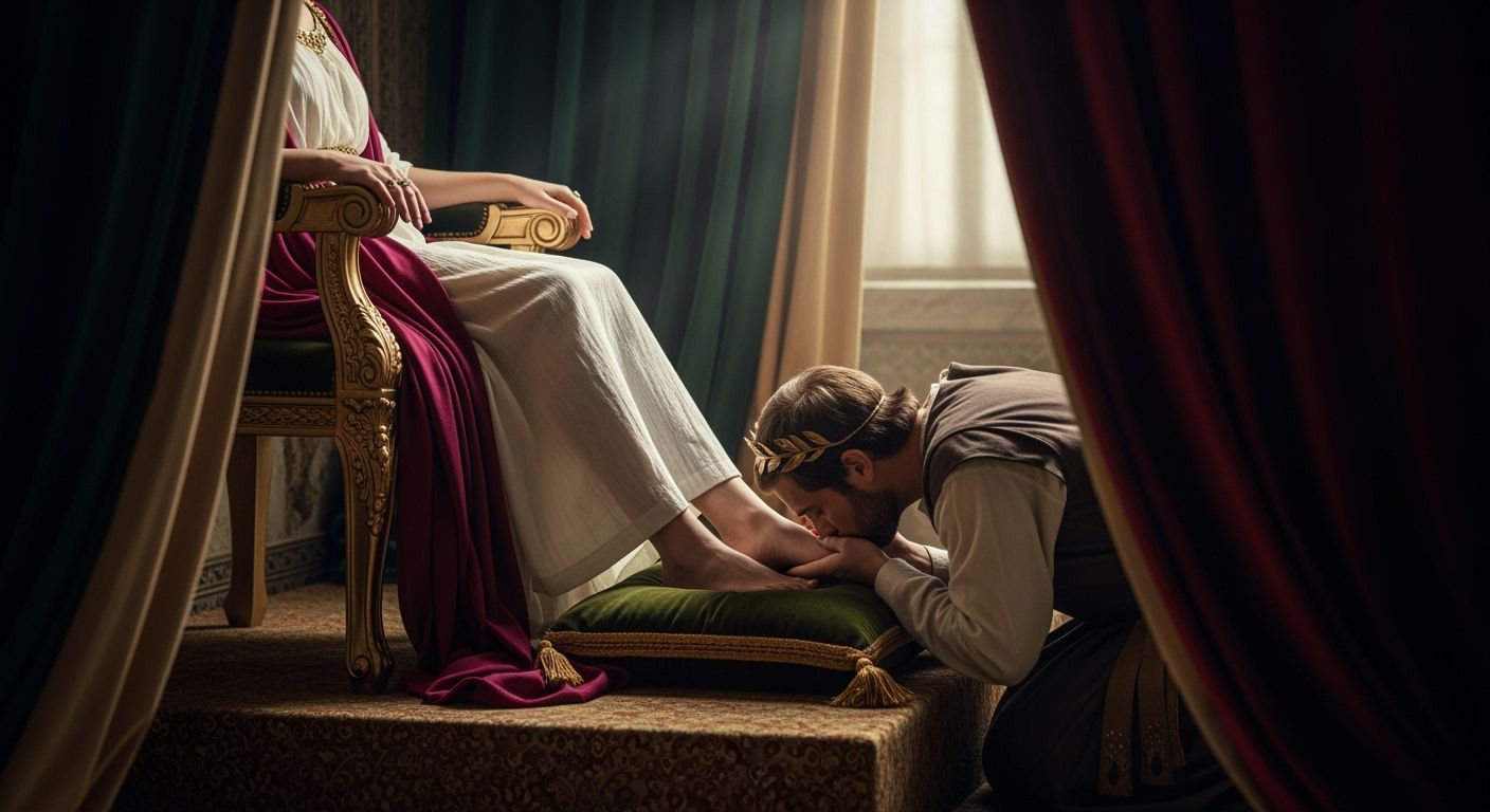 Barefoot Roman Empress on Throne with Kneeling Servant