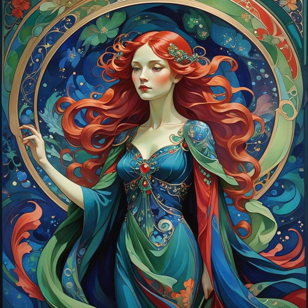 Elegant Art Nouveau Woman in Dreamlike Setting