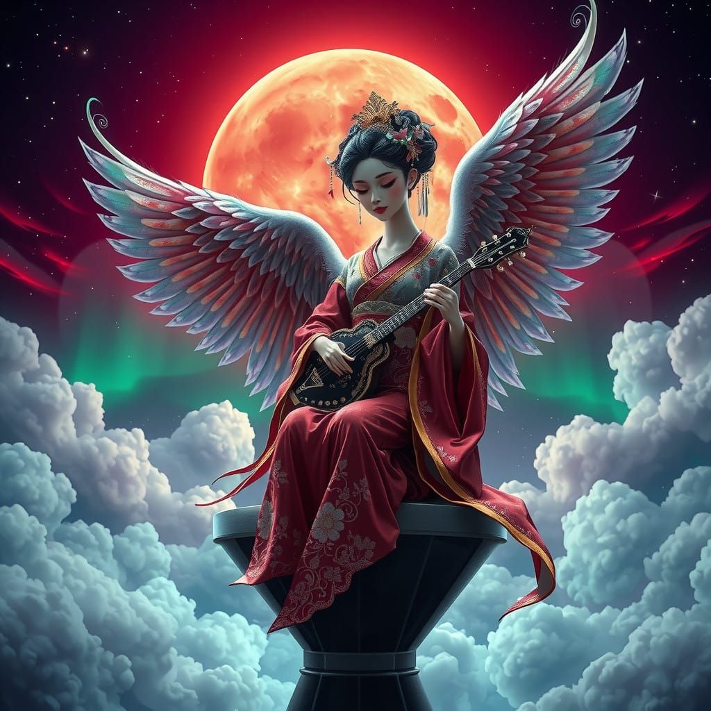 Majestic Geisha Angel in Cosmic Landscape with Bright Red Mo...